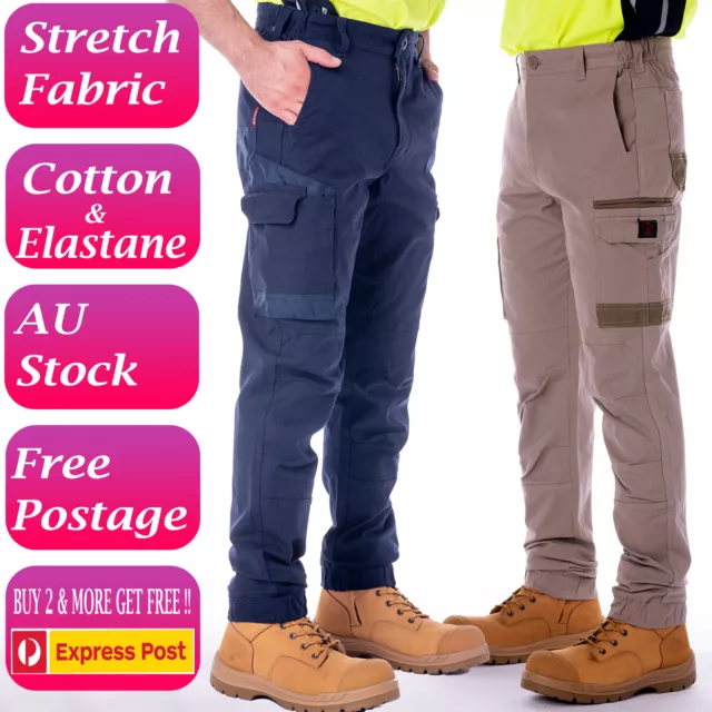 Work Pants Stretch Cargo Men Cotton Pant Cuff Close Waist Elsatic Tradies Pant