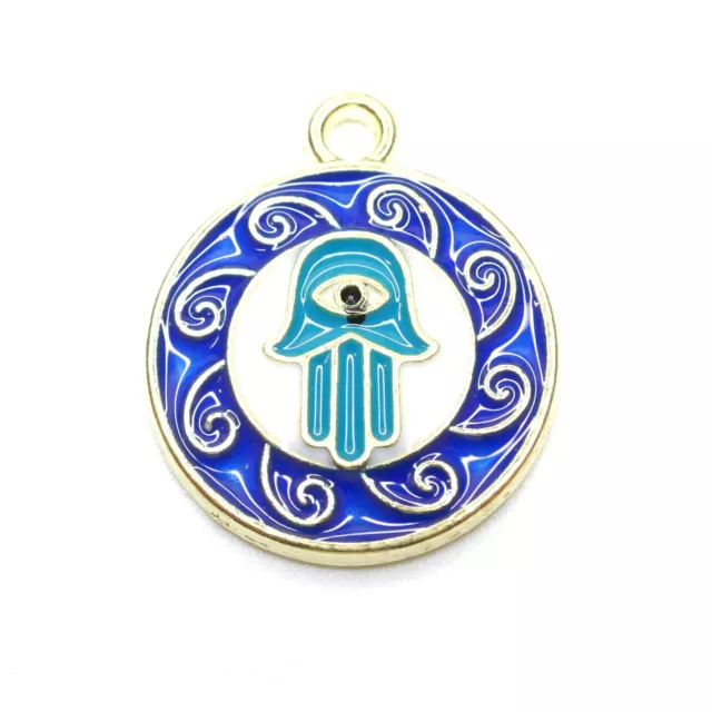 5 Evil Eye Hand Round Charms - Blue Enamel & Gold Plated - 18mm x 15mm - P01518