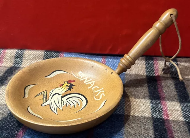 Vintage  Hand Painted Wooden Snack Tray With Rooster Design, And Handle