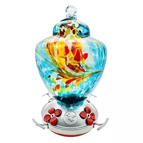 Hummingbird Feeder with Perch Hand Blown Glass With Wires & Moat Hook, 38 Fl Oz