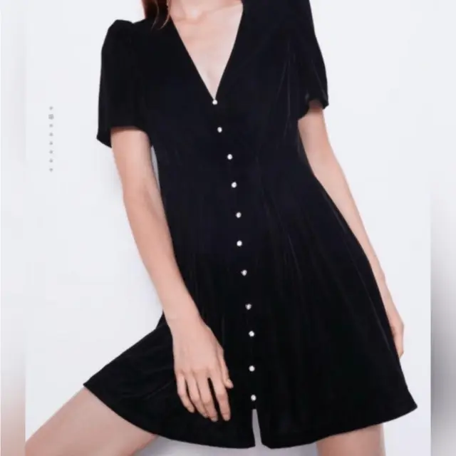 ZARA Black Velvet Rhinestone Button Down Puff Sleeve Mini Dress Size XS
