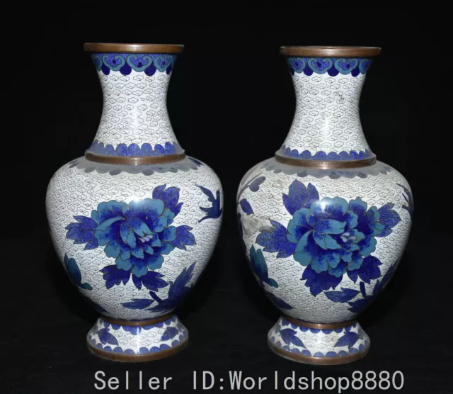 10.4" ancient Chinese Cloisonne copper Enamel lotus flower Bottle Vase pair