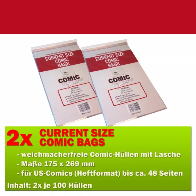 200x Comic Concept Current Size Comic Bags Hüllen m. Lasche 175 x 269 mm