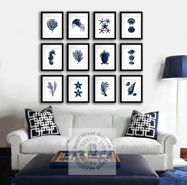 Navy Blue Art Beach Decor Wall Hanging set of 12 Sea life coral turtle starfish