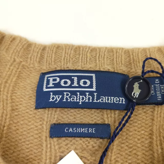 $498 Polo Ralph Lauren Cashmere Cable Knit Crewneck Sweater in Camel Mens Large 3