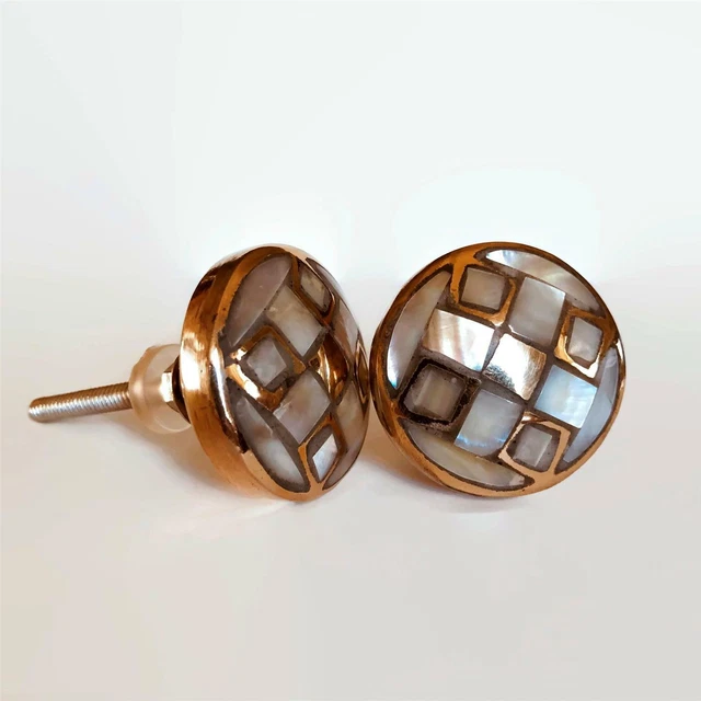 Checked Pattern Golden Brass and Shell Cabinet Knobs Dresser Drawer Pulls