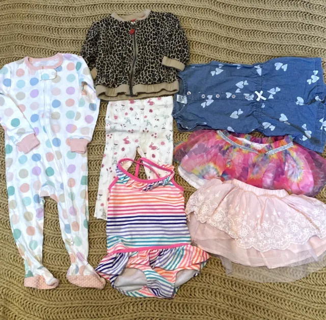 Lot of 7 Baby Girl 12 Months Clothes Bathing Suit Sleeper Tie-Dyed Tutu Leopard
