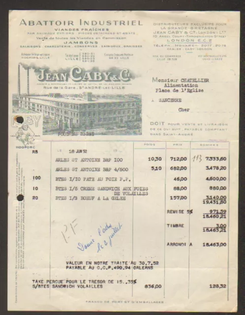 SAINT-ANDRE-lez-LILLE (59) ABATTOIR "JEAN CABY" Facture en 1952