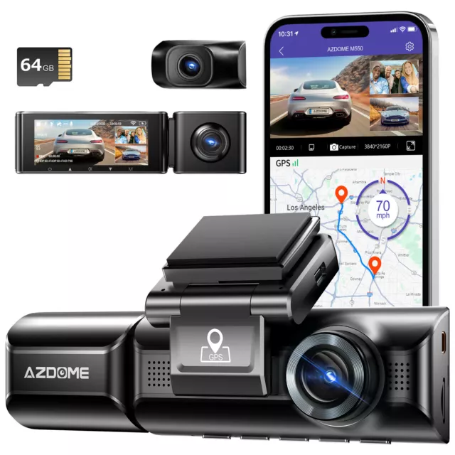 AZDOME 3 Channel True 4K Dash Cam Ultra HD With WiFi & GPS Night Vision Car DVR