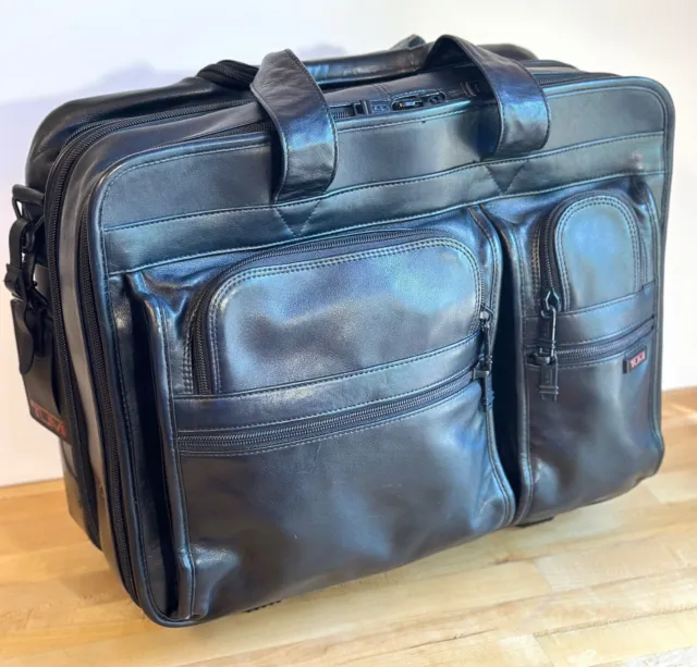 Tumi Carry-On Black Leather Expandable Overnighter Includes Leather Computer Bag