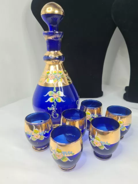 Bohemian Cobalt Blue Glass Gold Painted Cordial Set Decanter & Shot Glasses 3