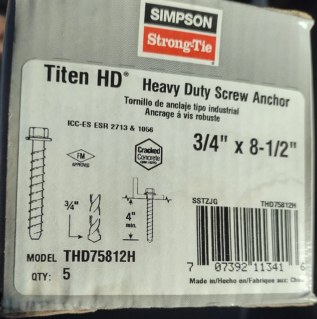 Paquete de 5 anclajes de tornillo de alta resistencia Simpson Strong Titen 3/4"" x 8 1/2"" de corbata fuerte