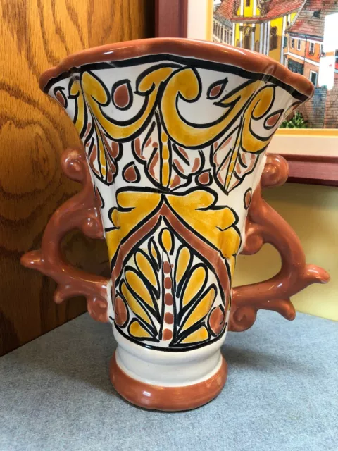 Vintage Mexican Hand painted Two-Handled 9" Vase glazed Ceramic gold & Brown