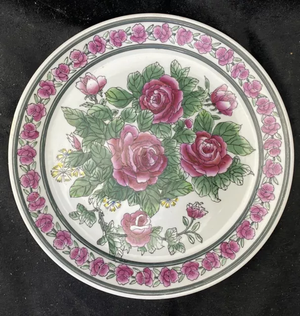 Asian Accent Porcelain Decorative Plate Pink Roses Flowers