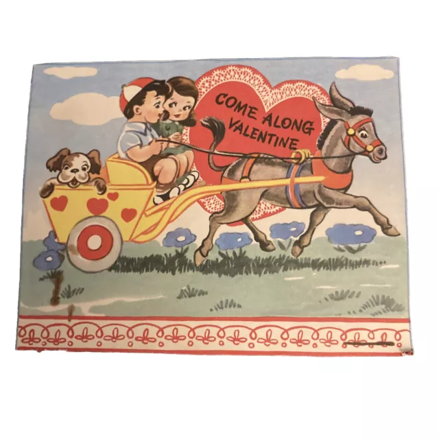 Vintage Style 1960s-70s Valentine Day Gift Card Love Boy Girl Dog Burro Cart