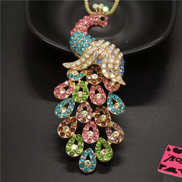 Betsey Johnson Rhinestone Colorful Bling Peacock Crystal Pendant Chain Necklace