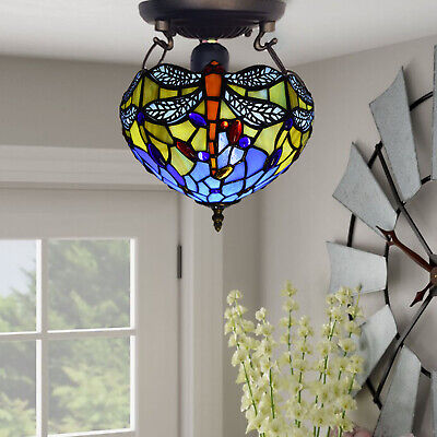 Blue Dragonfly 10 inch Tiffany Antique Style Ceiling Shade Lamp Stained Glass UK