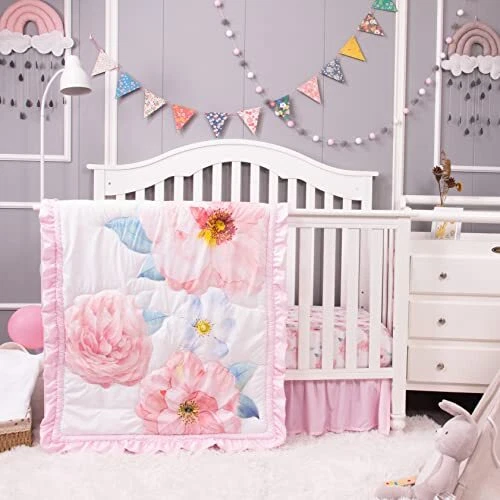Baby Girl Crib Bedding Set for Girls, 4-Piece Nursery Crib Set Including Crib