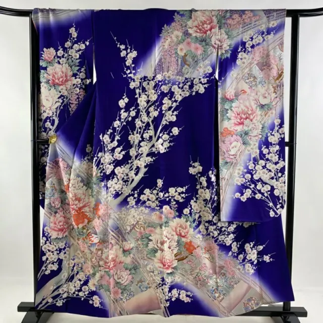Japanese Kimono Furisode Long Sleeves Ladies Woven Silk Silver Blue-Purple 157.5
