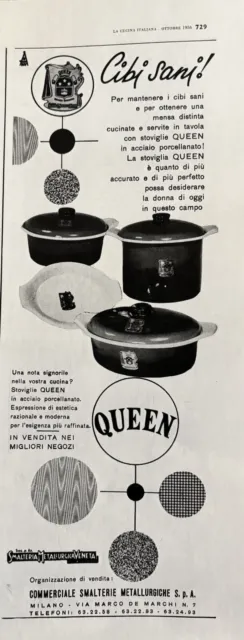 Stoviglie Queen in Acciaio pubblicità Rivista La Cucina Italiana Ottobre 1956