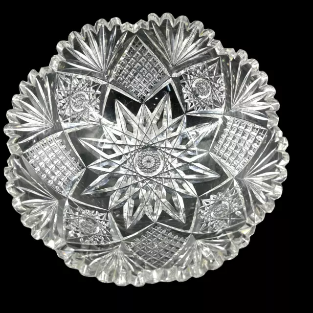 VTG ABP American Brilliant Hand Cut Crystal Hobstar Pineapple Fan Sawtooth Bowl