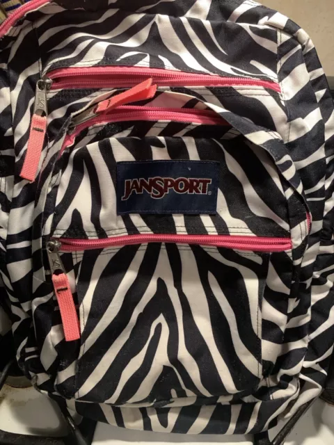 JanSport Superbreak Black White Zebra Striped Animal Print Pink Backpack Tote