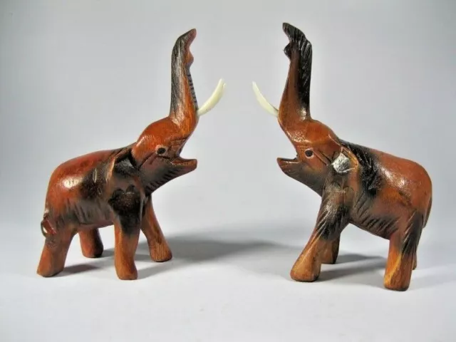 Pair Wooden Elephant Trunk Up Sculpture Hand Wood Carved Home Decor Collection
