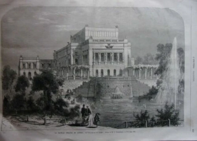 GRAVURE SUR BOIS 19ème NOUVEAU THEATRE DE LEIPZIG VUE PRISE DU LAC DES CYGNES
