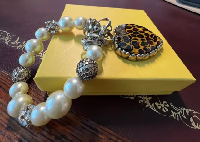 Betsey Johnson Stretch Bracelet-Leopard Heart-Faux Pearls-Crystal Beads