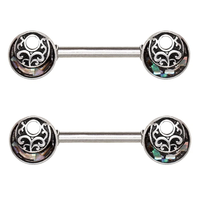ORNATE ABALONE SHIELDS NIPPLE PIERCING RINGS BARBELLS 14g 9/16 (Sold in Pairs)