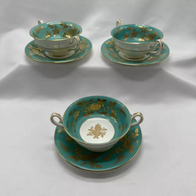 Three Vintage Mintons Tiffany & Co Teal Green Cauldon Soup Bowl Saucer Gold Gilt