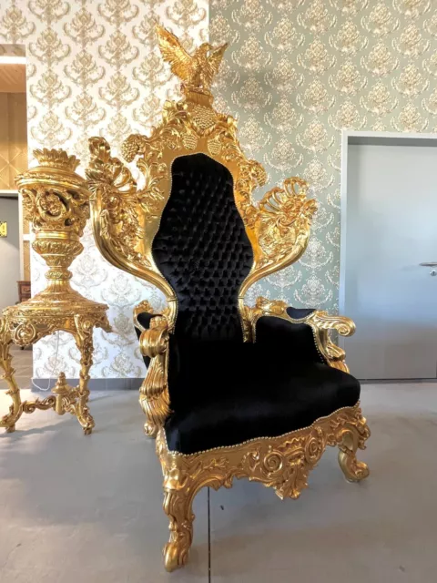 Huge Armchair Black Velvet King Throne Eagle Sculpture Top Baroque Rococo Style