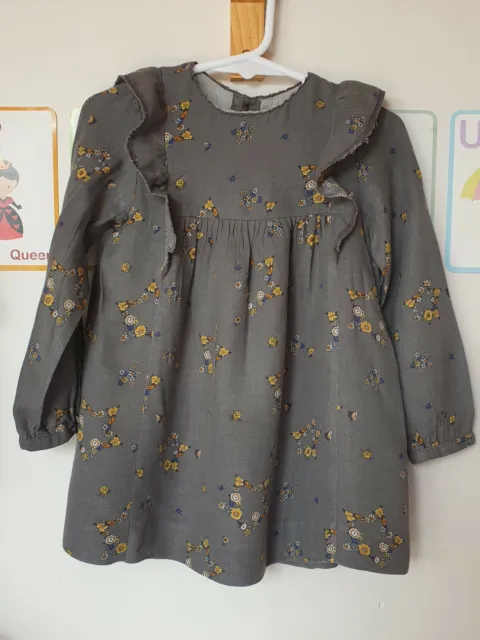 Zara Toddler Girls Grey Star Flower Long Sleeve Lace Trim Dress sz 18-24 Ex cond