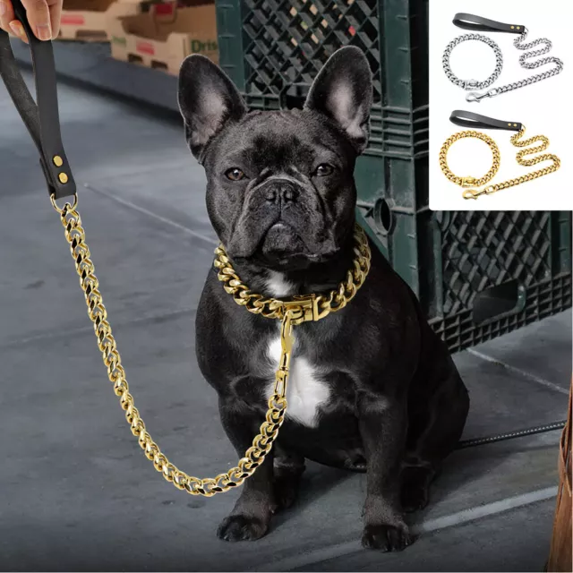 Heavy Duty Dog Chain Collar and Lead Stainless Steel Choke Cuban Link Necklace