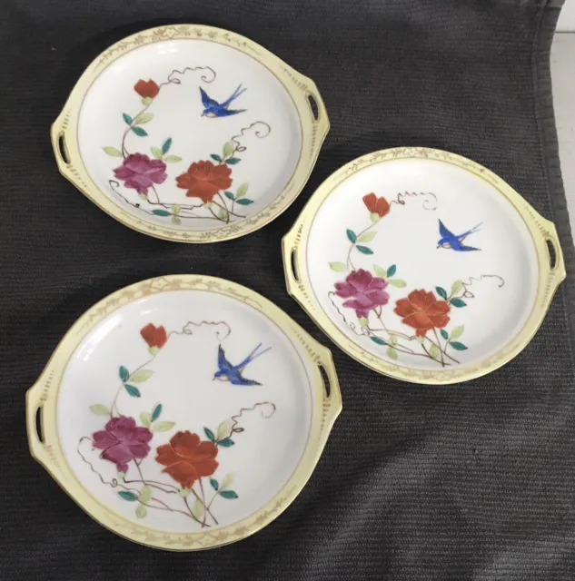 3 Antique Meito Handpainted Nippon 6” Dessert Children’s Cake Plates W/Blue Bird