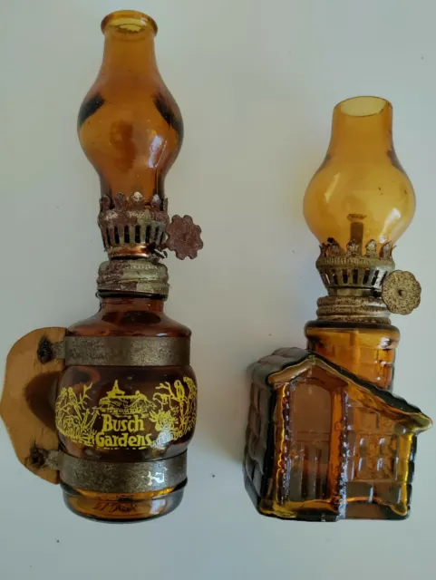 Adorable Small Antique Oil Lamps in Amber Glass and Shade