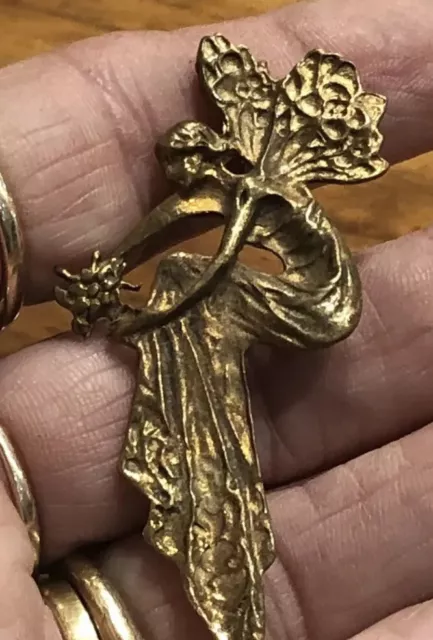 Antique Copper Art Nouveau 2.25" Flower Fairy Brooch Pin Pendant Loop At Back 2