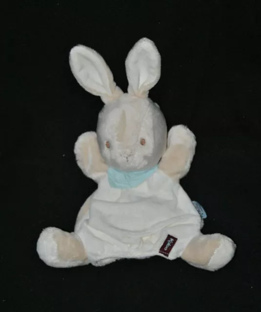 Peluche doudou marionnette lapin Praline blanc beige KALOO bandana bleu NEUF