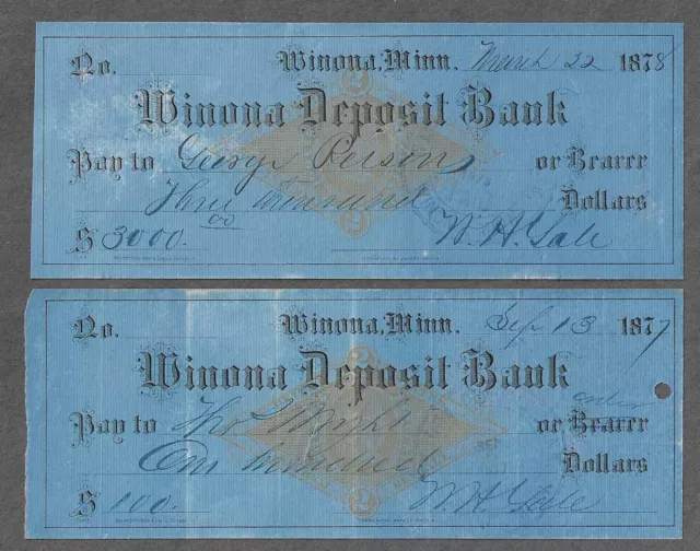 2 Winona Minnesota Bank Checks RN-G1 1877-1878