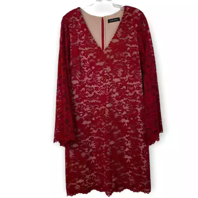 IVANKA TRUMP 12 Red Lace Bell Sleeve Dress L Lined Fit and Flare Zip Back V-Neck