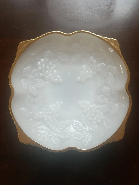 Vintage Anchor Hocking White Milk Glass Footed Bowl w Gold Rim Embossed Grapes