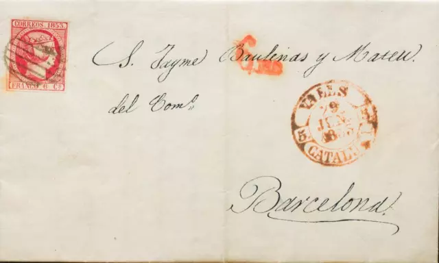 Cataluña. Historia Postal. SOBRE  17. 1853. 6 cuartos rosa. VALLS a BARCELONA.