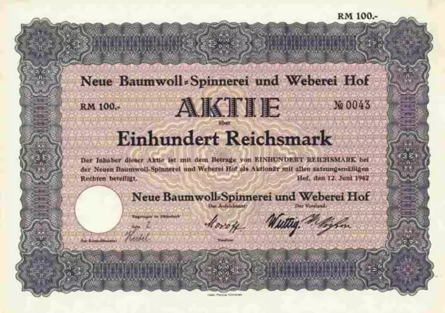 Neue Baumwoll Spinnerei AG 1942 Textilgruppe Hof Plauen Pulsnitz Kelheim 100 RM