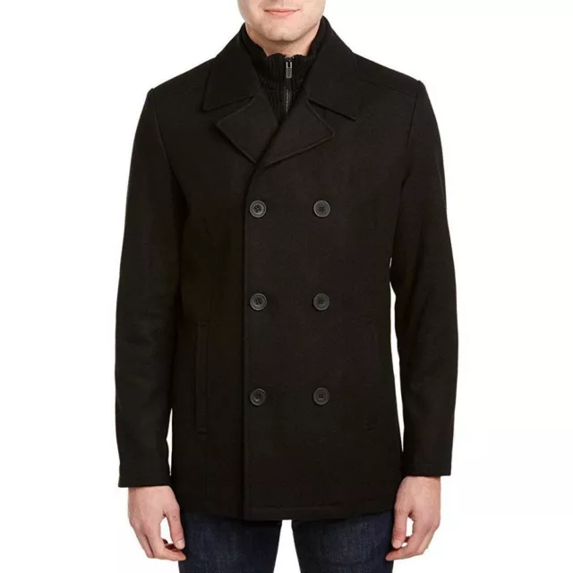 Kenneth Cole Men's Double Breasted Wool Peacoat with Attached Rib Knit Bib