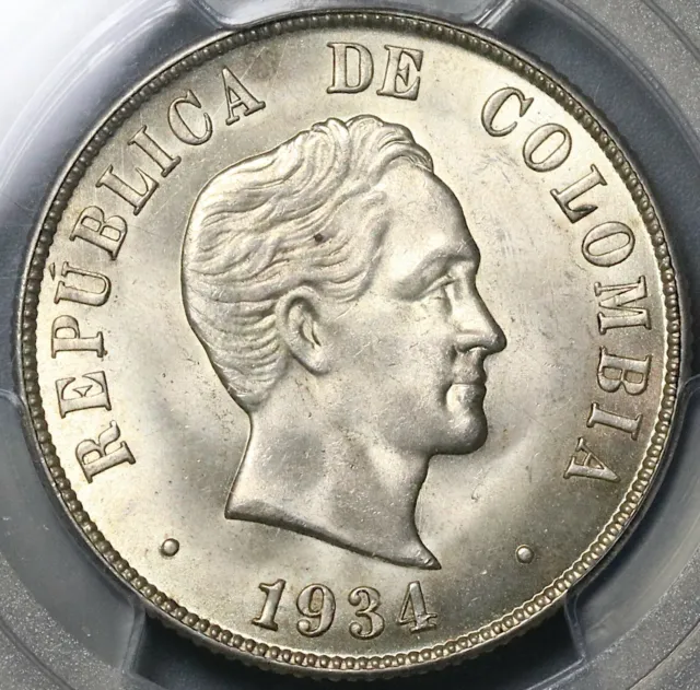 1934 PCGS MS 65 Colombia Silver 50 Centavos GEM Mint State Coin (22032303C)