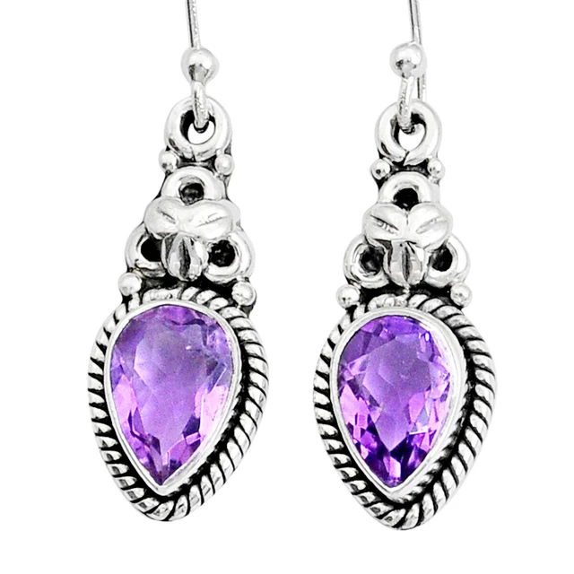 Gemstone Handmade 5.30cts Natural Purple Amethyst Silver Dangle Earrings Y13357