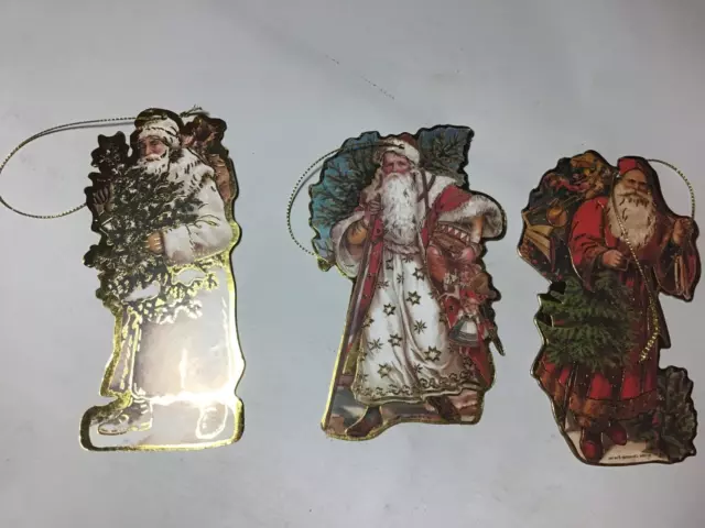 1984 Vintage Set/3 Large Die Cut Christmas Ornaments Gold Foil VICTORIAN Santa