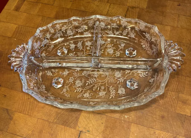 Vintage Fostoria Baroque Crystal MEADOW ROSE 3-Part Handled Relish Dish 4 Footed