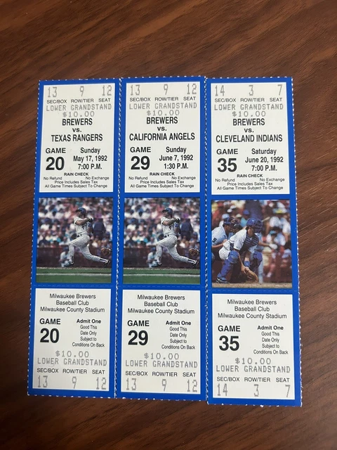 LOT of 3 FULL 1992 TICKET STUBS-PAUL MOLITOR HOME RUN GAMES-FINAL SEASON-BREWERS