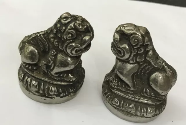 Vintage Pair Silver Miniature Chinese Tibetan Silver Guardian Lions Foo Fu Dogs